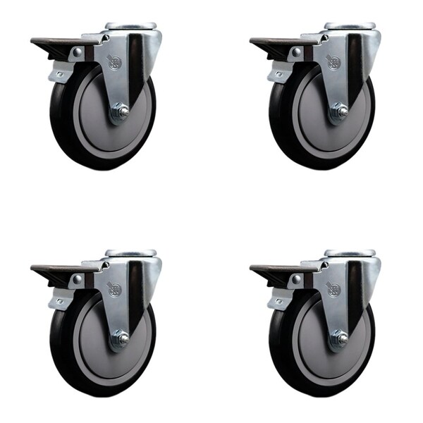 5'' Black Poly Wheel Swivel Bolt Hole Caster Set with Posi Lock Brakes, 4PK